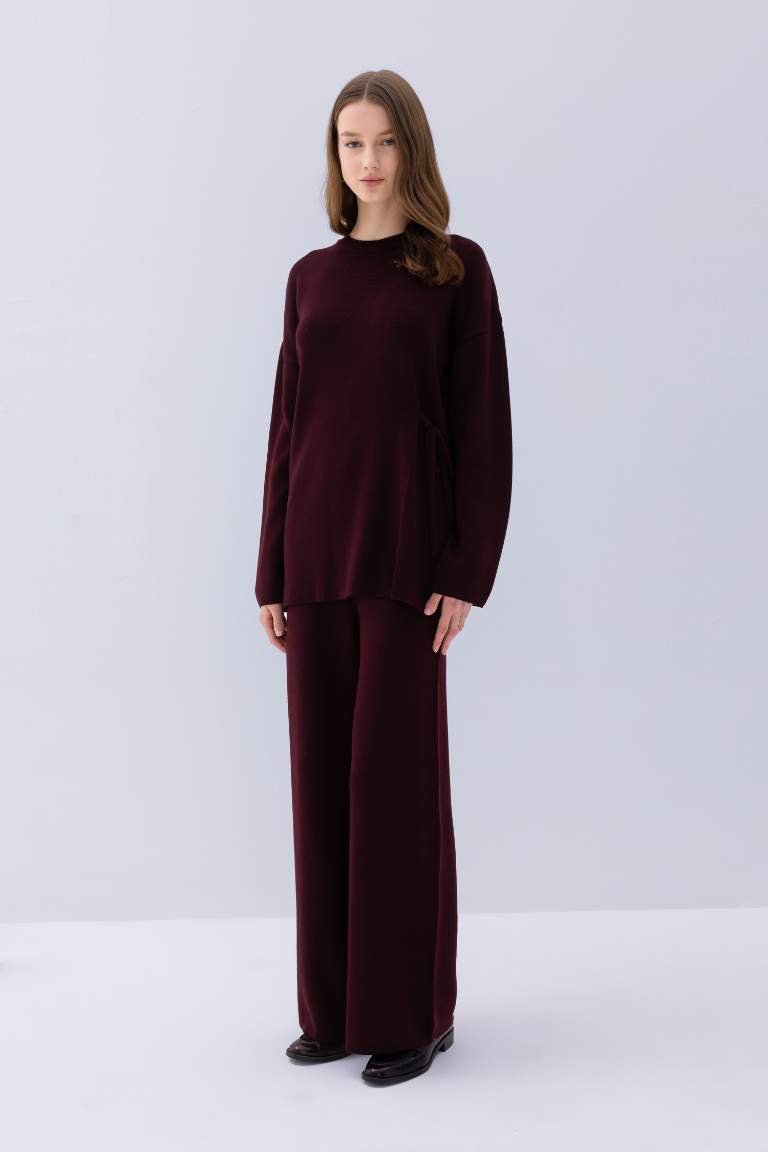 Regular Fit Bisiklet Yaka Bağlamalı Basic Düz Triko Kazak Tunik
