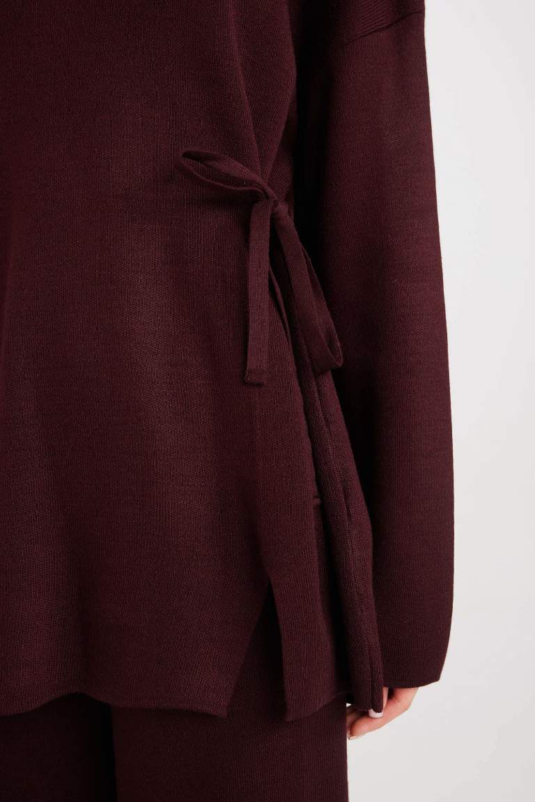 Regular Fit Bisiklet Yaka Bağlamalı Basic Düz Triko Kazak Tunik