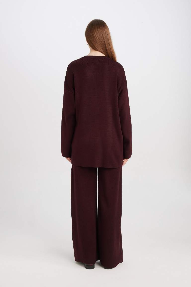 Regular Fit Bisiklet Yaka Bağlamalı Basic Düz Triko Kazak Tunik