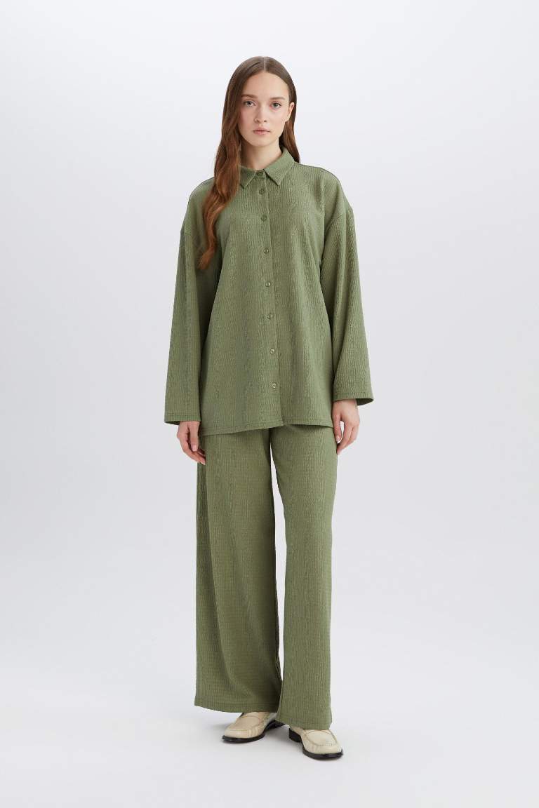 Straight Fit Beli Lastikli Basic Düz Bürümcük Geniş Paça Pantolon