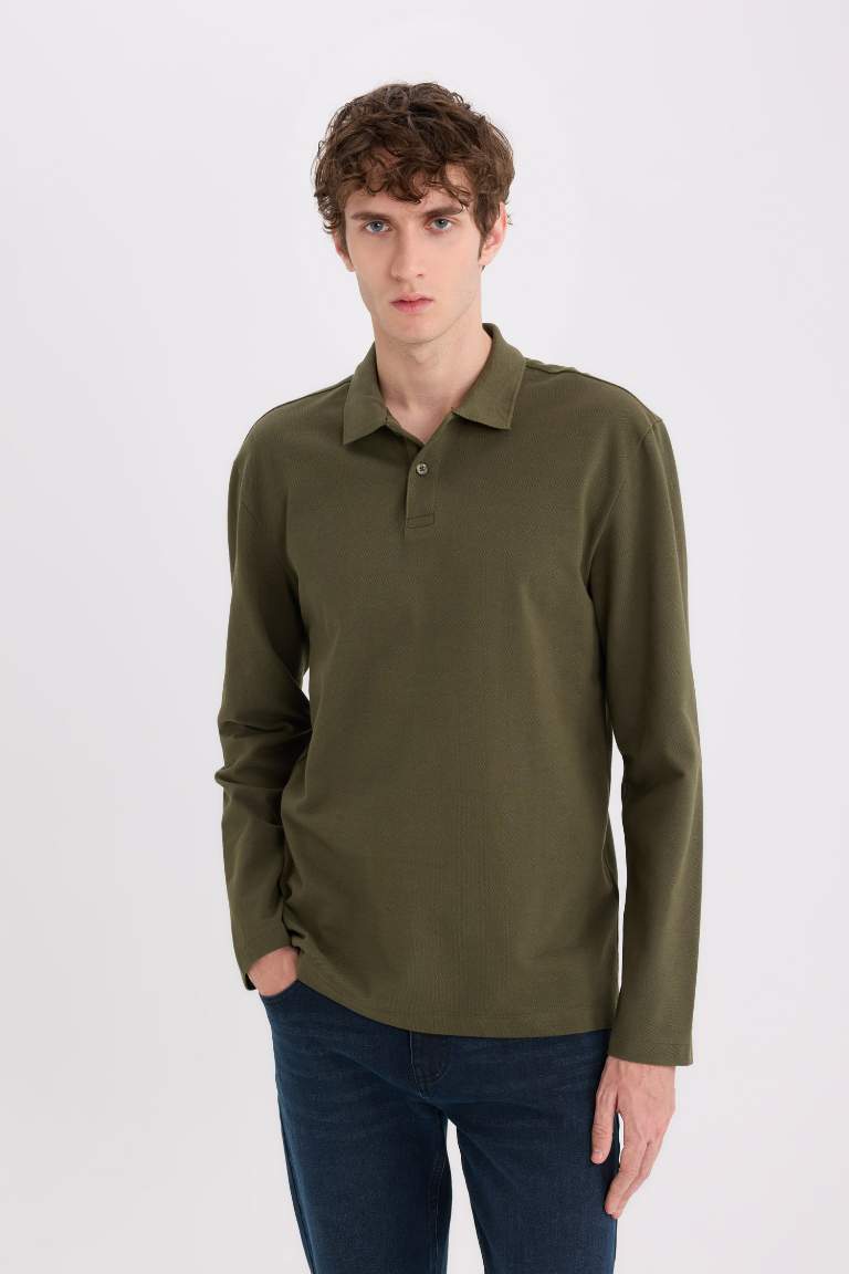 New Regular Fit Basic Long Sleeve Pique Polo Shirt