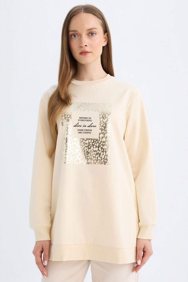Regular Fit Bisiklet Yaka Parlak Baskılı Sweatshirt Tunik