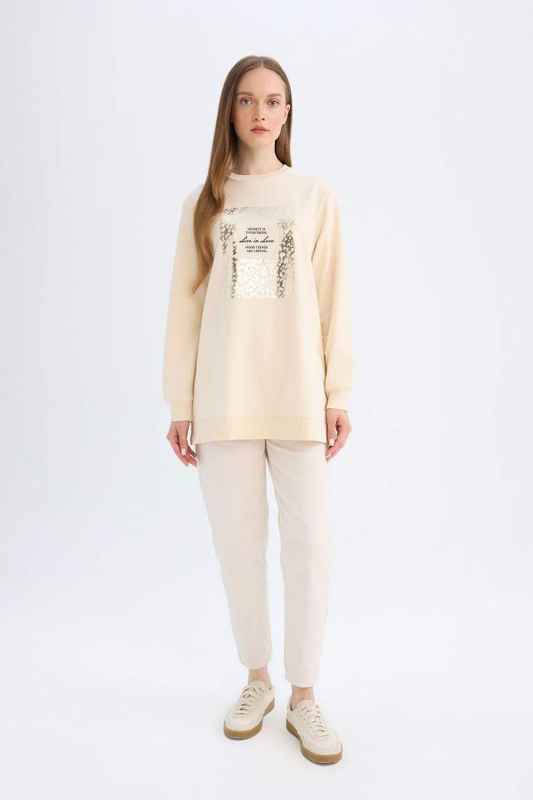 Regular Fit Bisiklet Yaka Parlak Baskılı Sweatshirt Tunik
