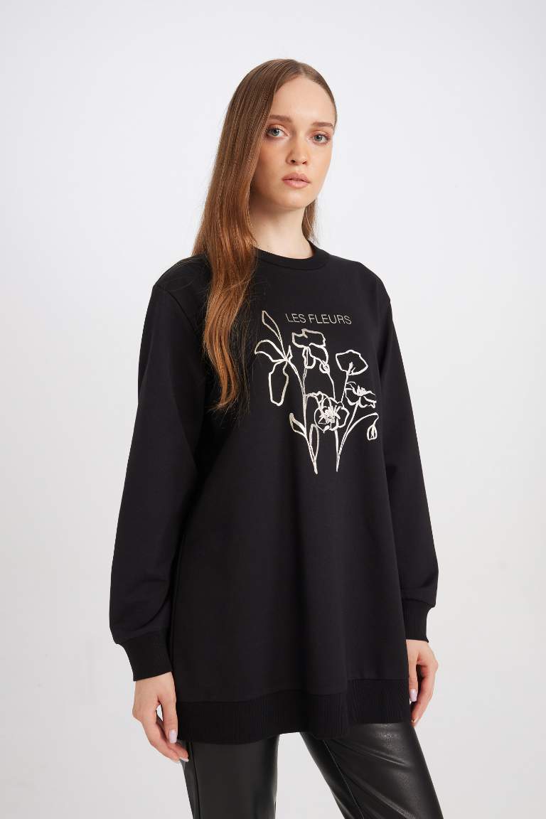 Regular Fit Bisiklet Yaka Çiçek Baskılı Sweatshirt Tunik