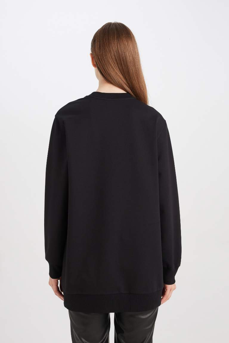 Regular Fit Bisiklet Yaka Çiçek Baskılı Sweatshirt Tunik