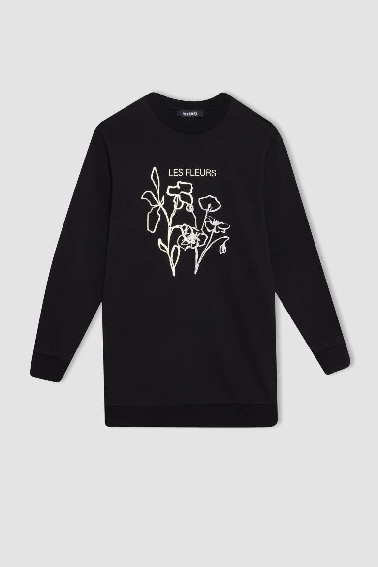 Regular Fit Bisiklet Yaka Çiçek Baskılı Sweatshirt Tunik