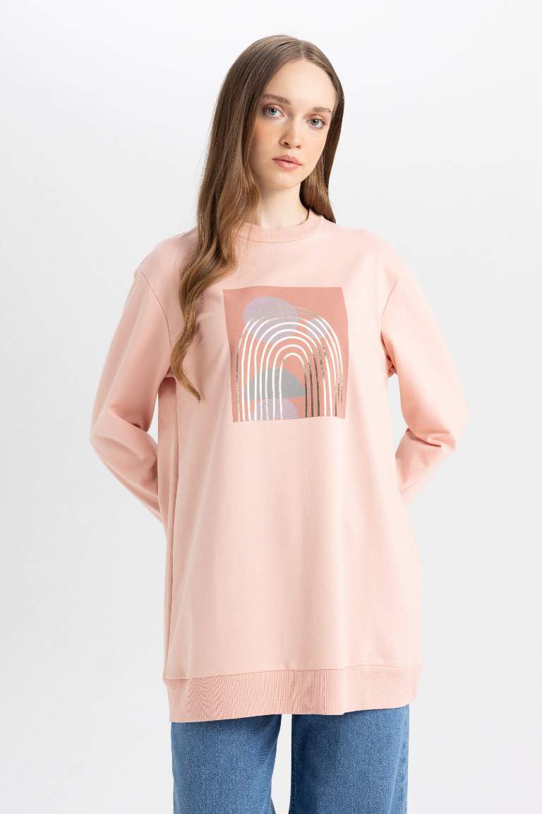 Regular Fit Crew Neck Shiny Printed Sweatshirt Tunic