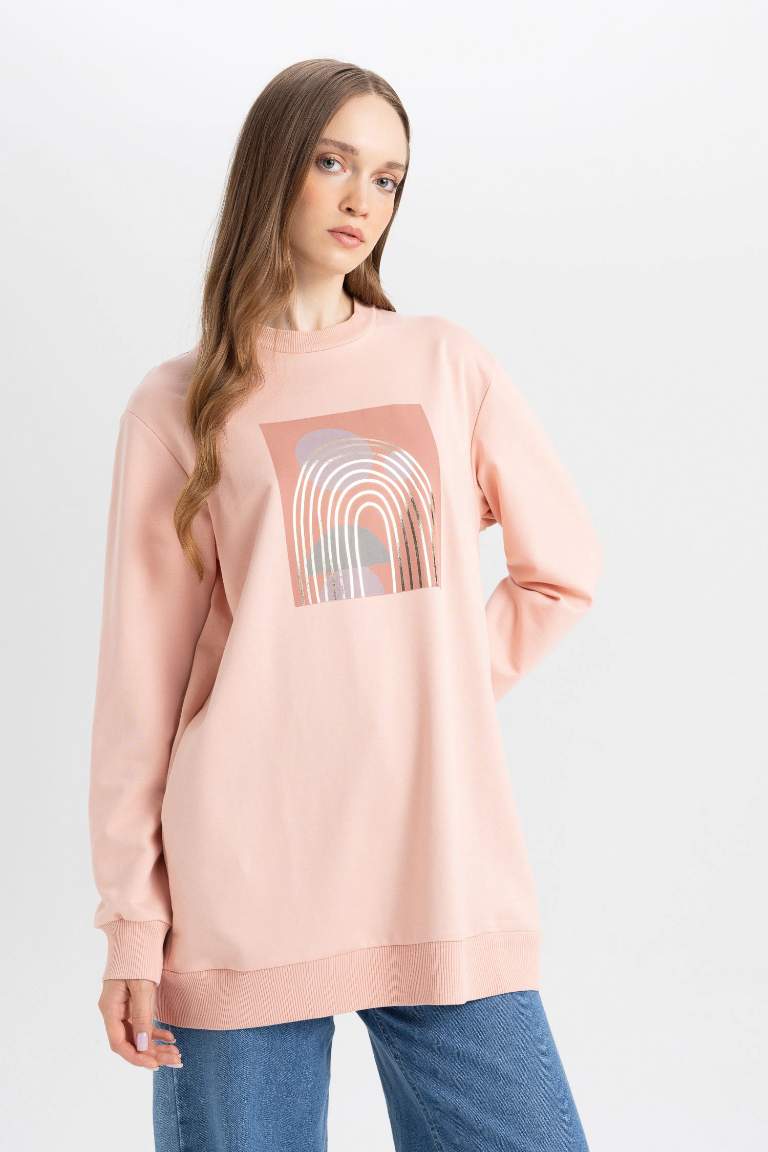 Regular Fit Crew Neck Shiny Printed Sweatshirt Tunic