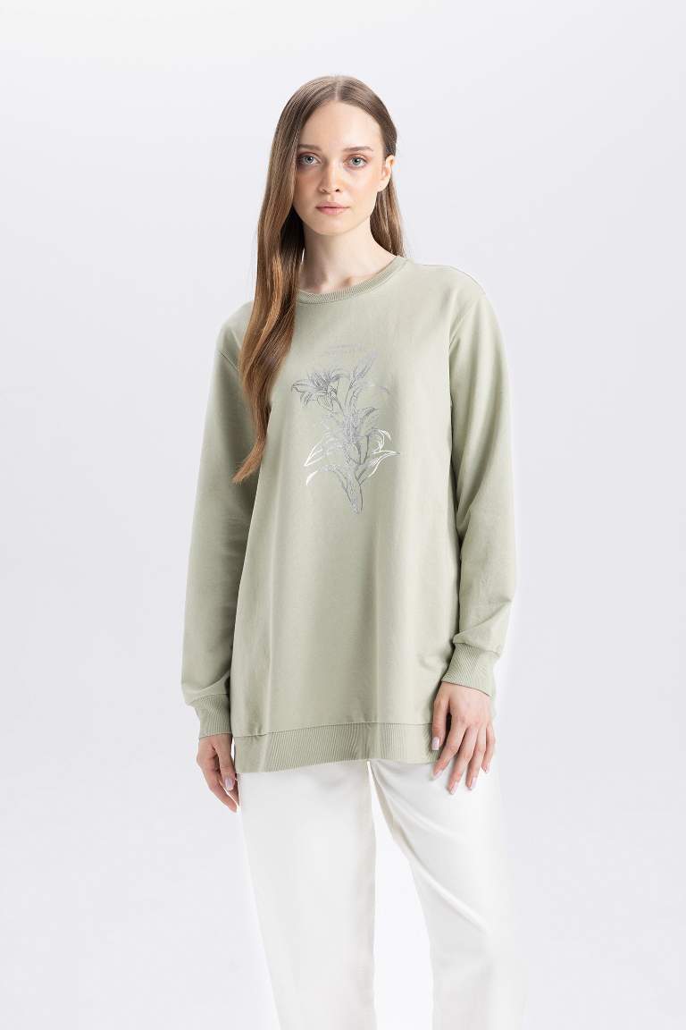 Regular Fit Crew Neck Printed Floral Sweatshirt Tunic