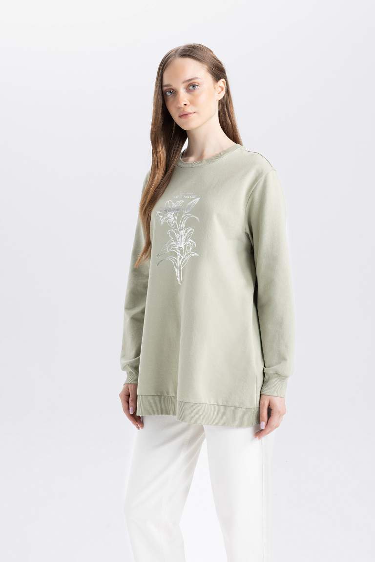 Regular Fit Crew Neck Printed Floral Sweatshirt Tunic