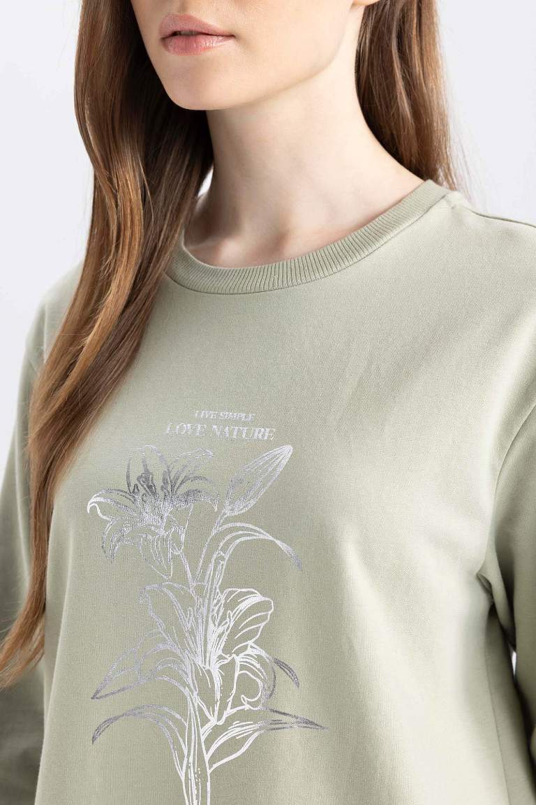 Regular Fit Crew Neck Printed Floral Sweatshirt Tunic