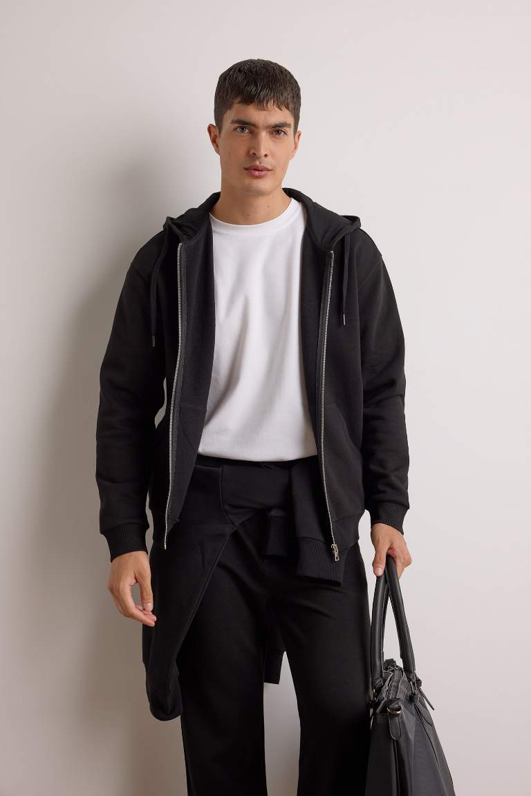 Comfort Fit Kapüşonlu İçi Yumuşak Tüylü Basic Düz Cepli Kalın Fermuarlı Sweatshirt