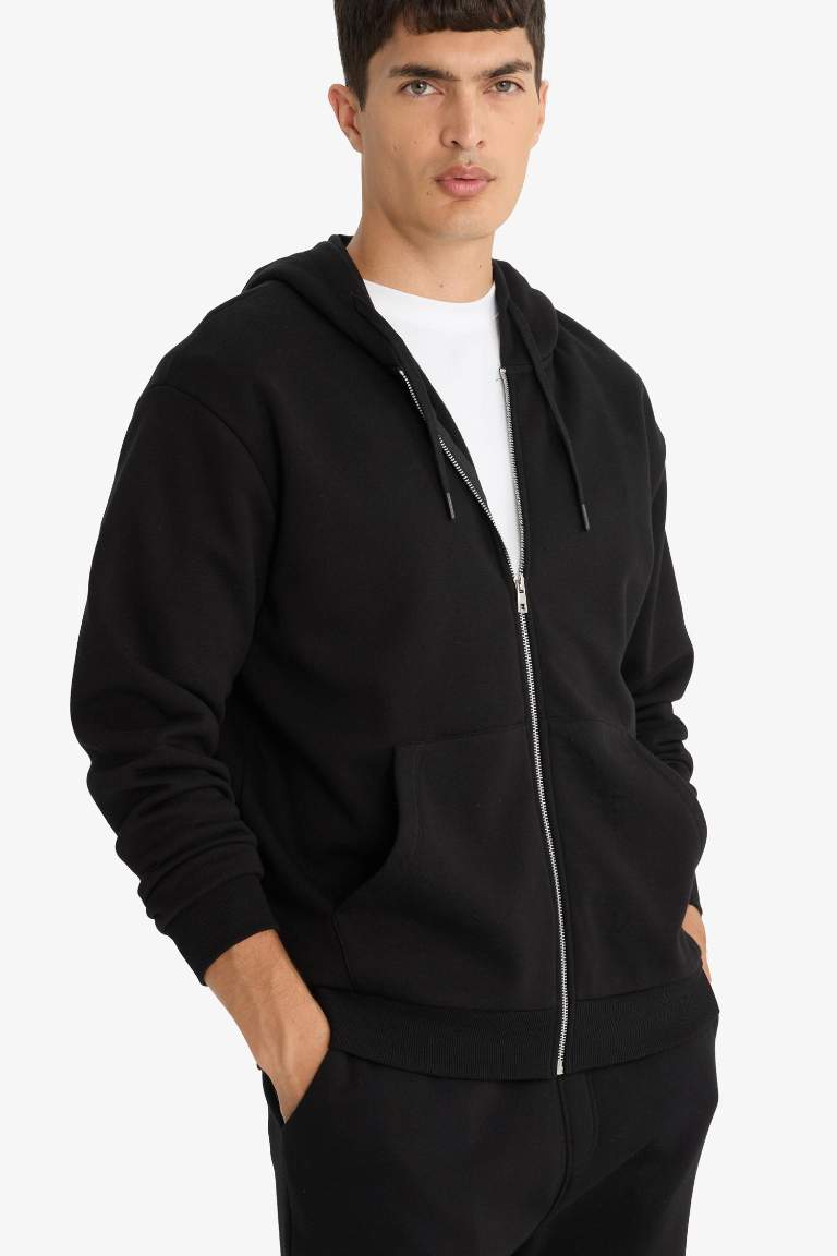 Comfort Fit Kapüşonlu İçi Yumuşak Tüylü Basic Düz Cepli Kalın Fermuarlı Sweatshirt