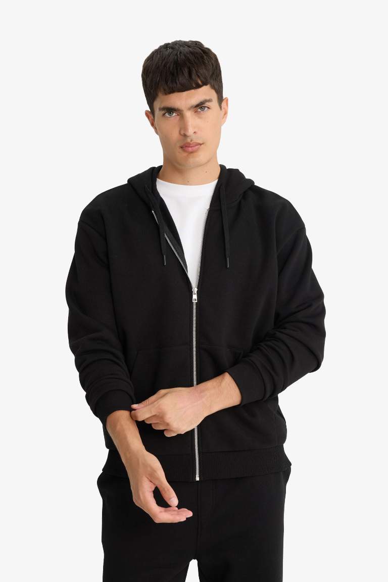 Comfort Fit Kapüşonlu İçi Yumuşak Tüylü Basic Düz Cepli Kalın Fermuarlı Sweatshirt