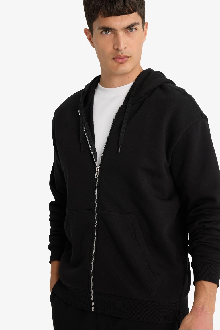 Comfort Fit Kapüşonlu İçi Yumuşak Tüylü Basic Düz Cepli Kalın Fermuarlı Sweatshirt