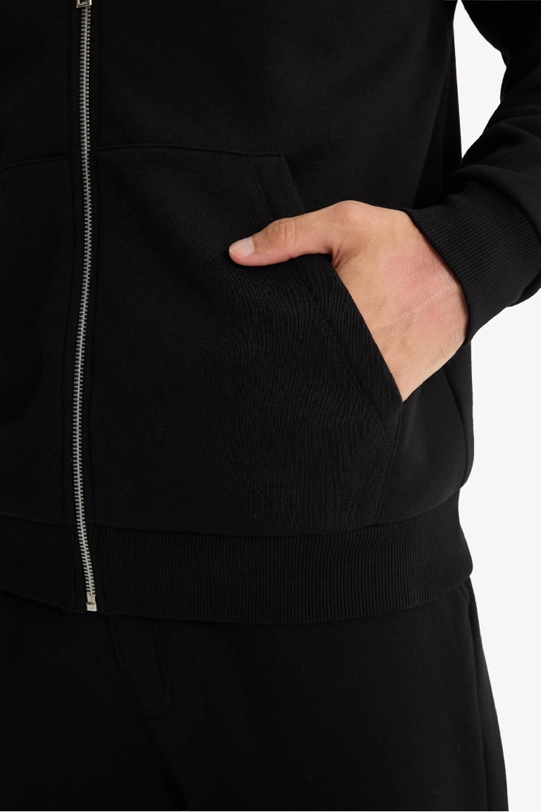Comfort Fit Kapüşonlu İçi Yumuşak Tüylü Basic Düz Cepli Kalın Fermuarlı Sweatshirt