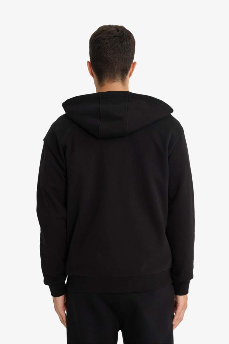 Comfort Fit Kapüşonlu İçi Yumuşak Tüylü Basic Düz Cepli Kalın Fermuarlı Sweatshirt
