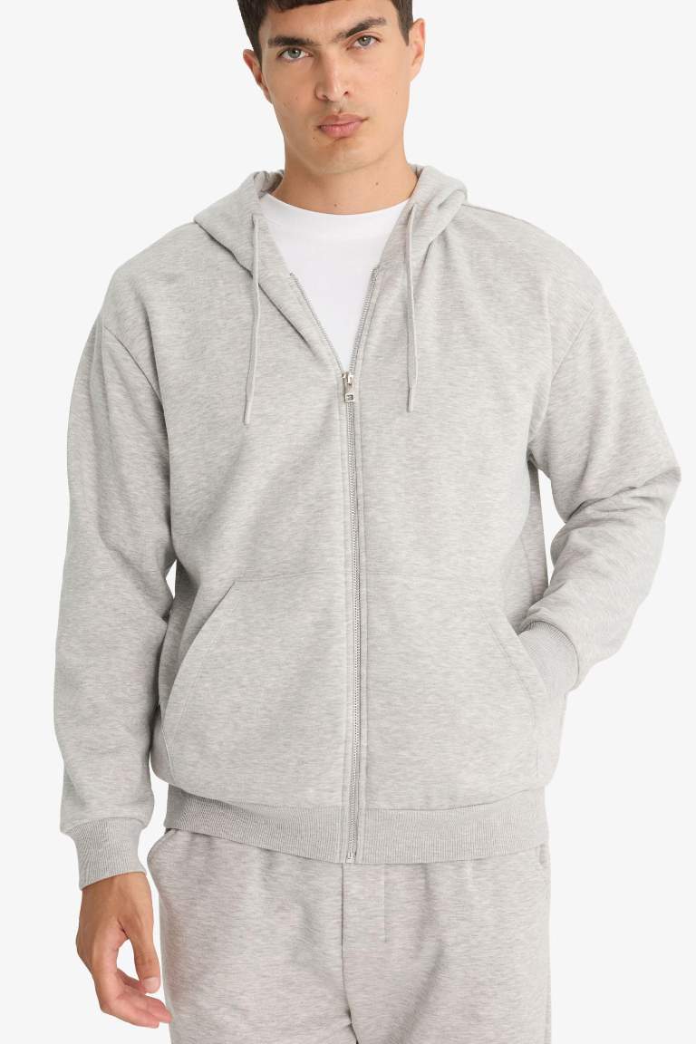 Relax Fit Kapüşonlu İçi Yumuşak Tüylü Basic Düz Cepli Kalın Fermuarlı Sweatshirt