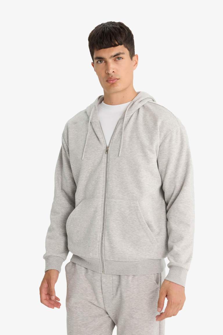 Relax Fit Kapüşonlu İçi Yumuşak Tüylü Basic Düz Cepli Kalın Fermuarlı Sweatshirt