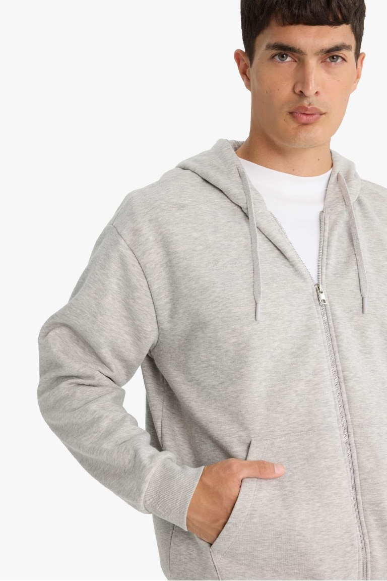 Relax Fit Kapüşonlu İçi Yumuşak Tüylü Basic Düz Cepli Kalın Fermuarlı Sweatshirt