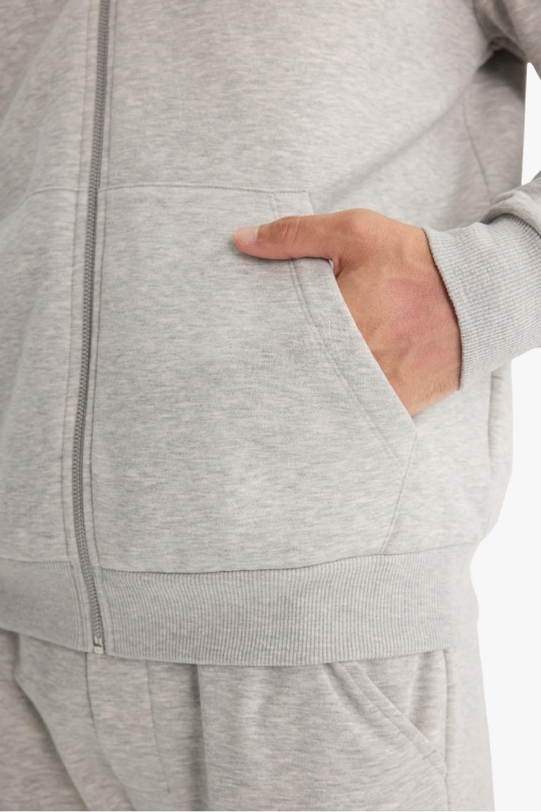Relax Fit Kapüşonlu İçi Yumuşak Tüylü Basic Düz Cepli Kalın Fermuarlı Sweatshirt