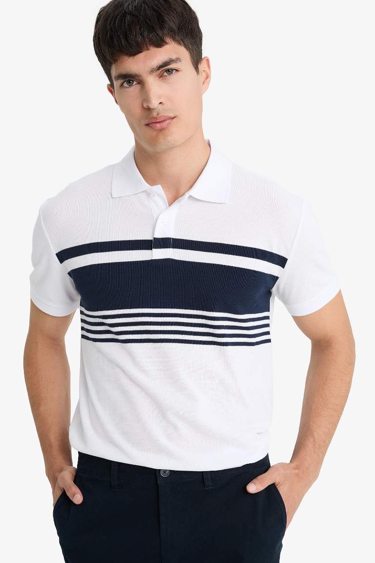 %100 Pamuk Regular Fit Polo Yaka Kısa Kollu Çizgili Tişört