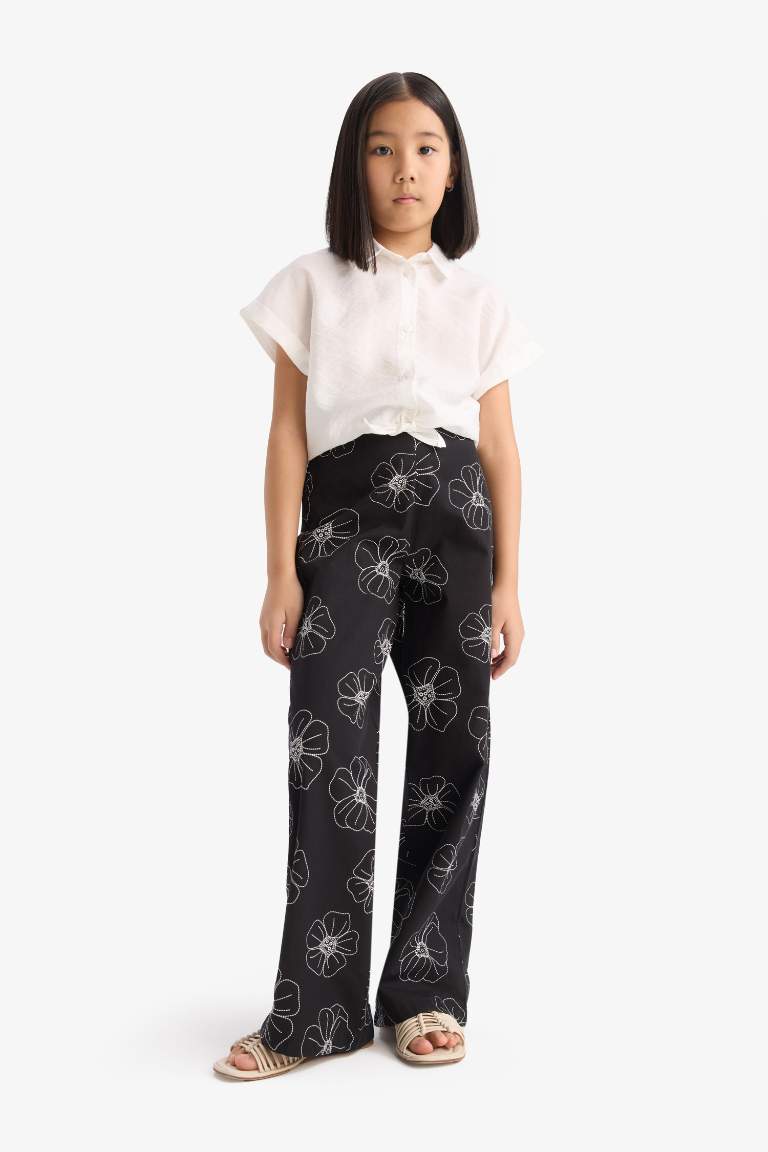 Girl Patterned Wide Leg Cotton Trousers