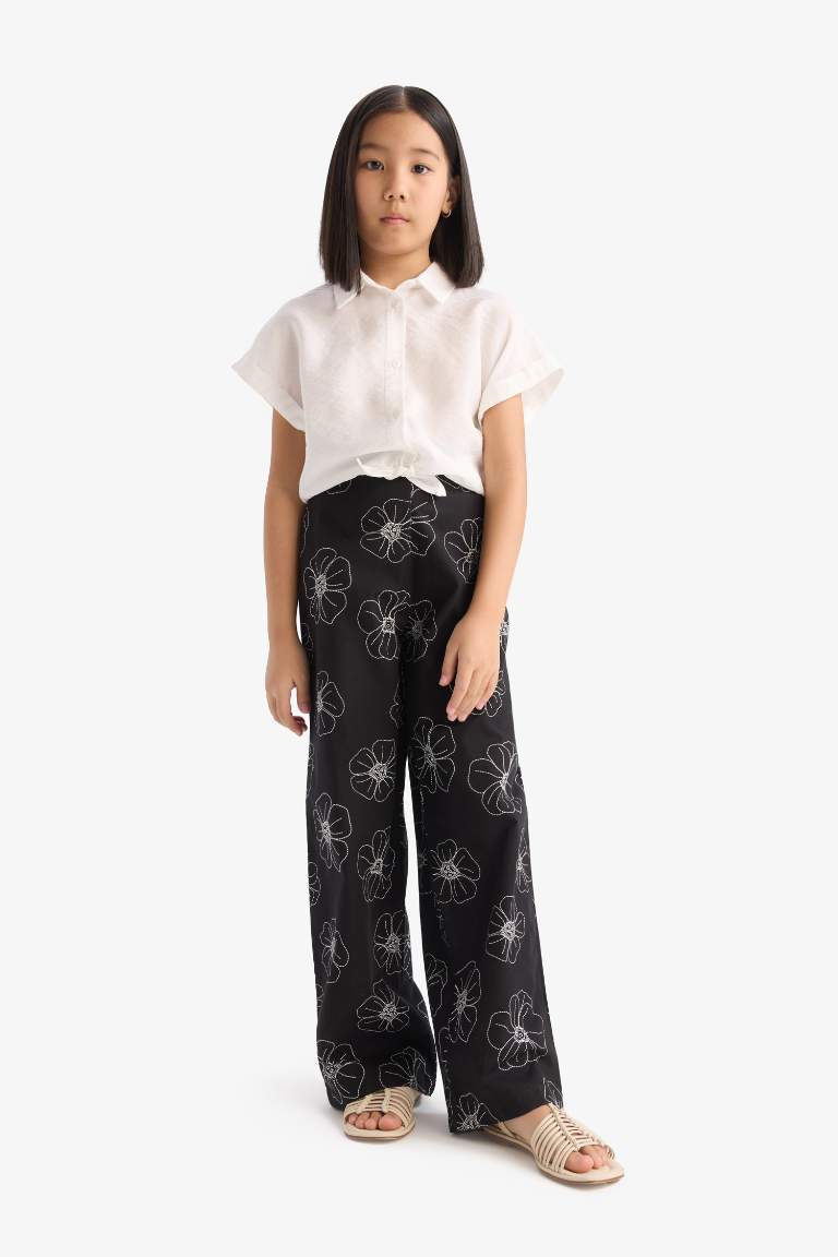 Girl Patterned Wide Leg Cotton Trousers