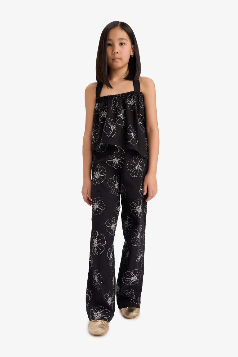 Kız Çocuk Desenli Wide Leg Geniş Paça Pamuklu Pantolon