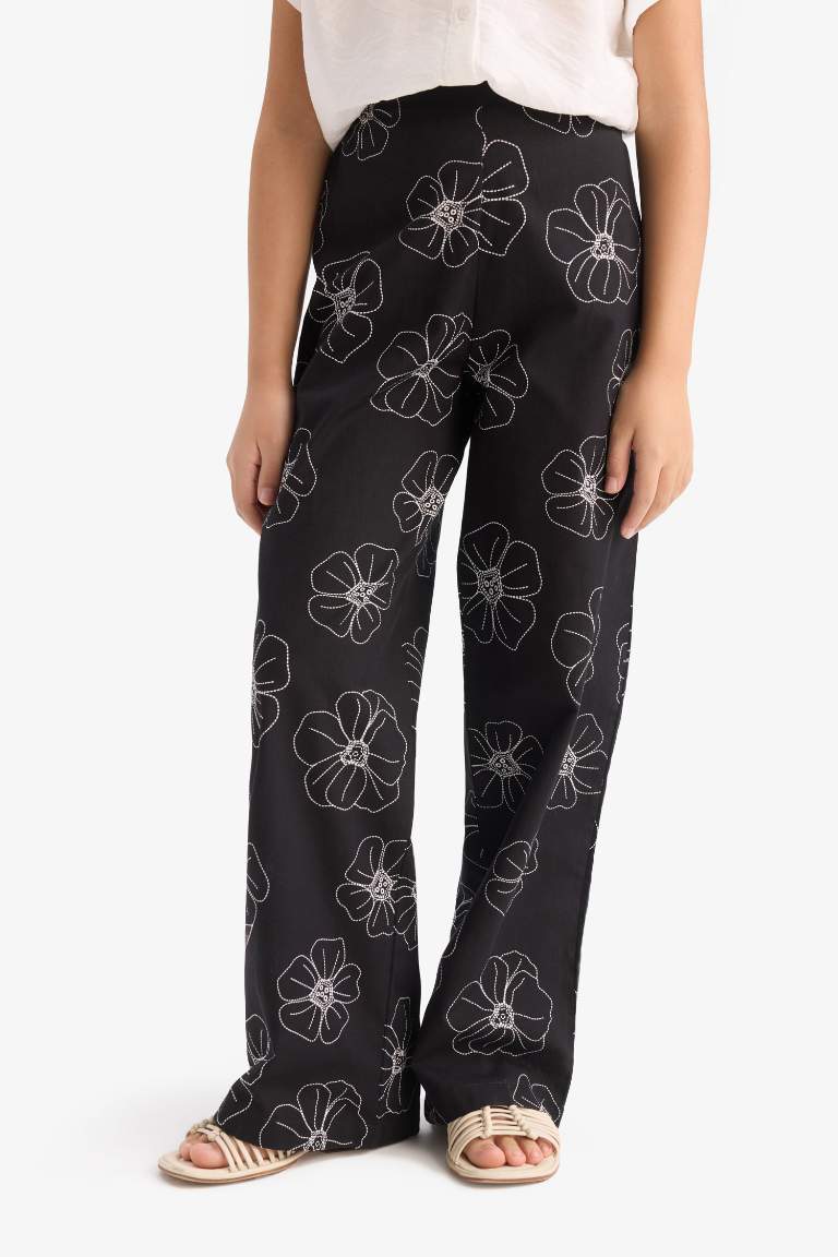 Girl Patterned Wide Leg Cotton Trousers