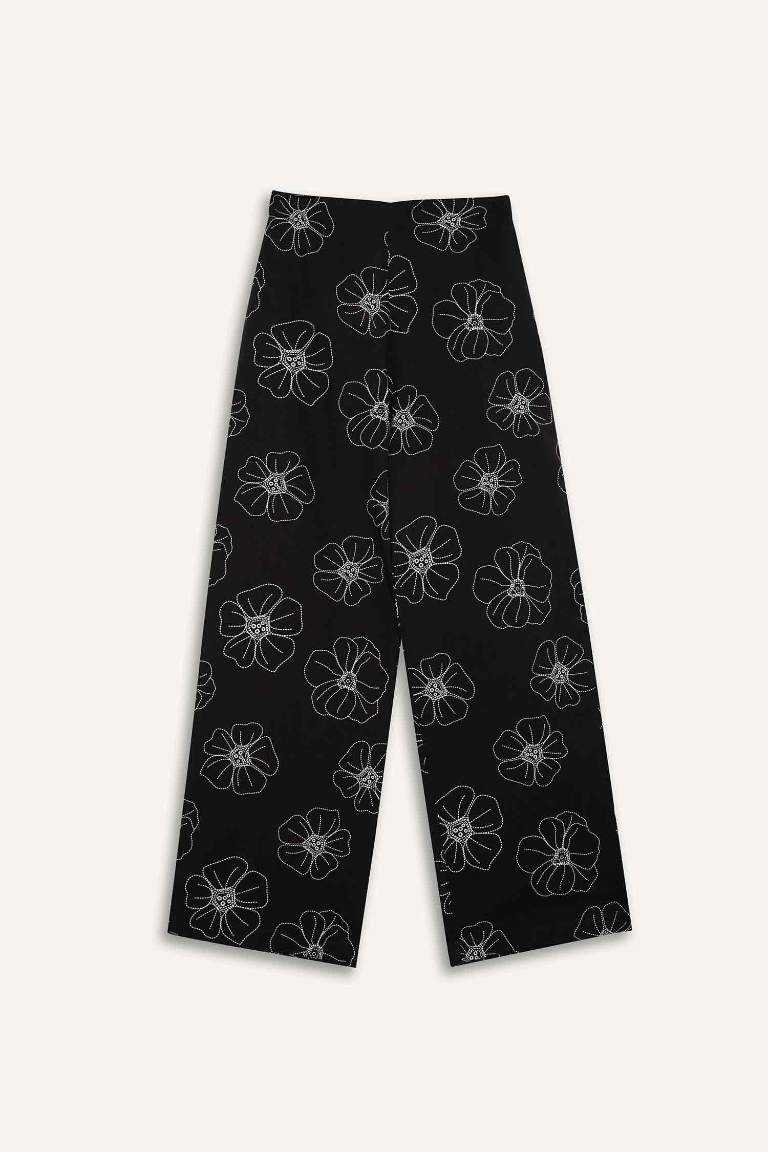 Girl Patterned Wide Leg Cotton Trousers