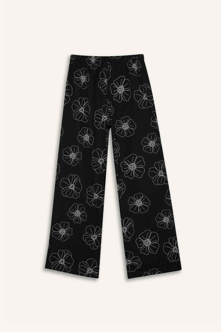 Kız Çocuk Desenli Wide Leg Geniş Paça Pamuklu Pantolon