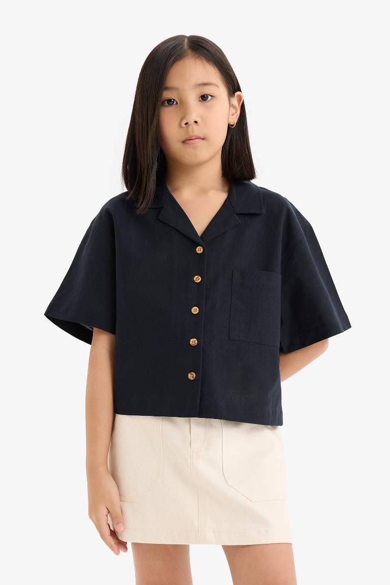 Girl Linen Short Sleeve Crop Shirt