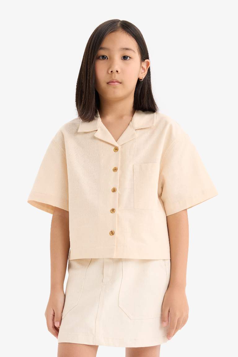 Girl Linen Short Sleeve Crop Shirt