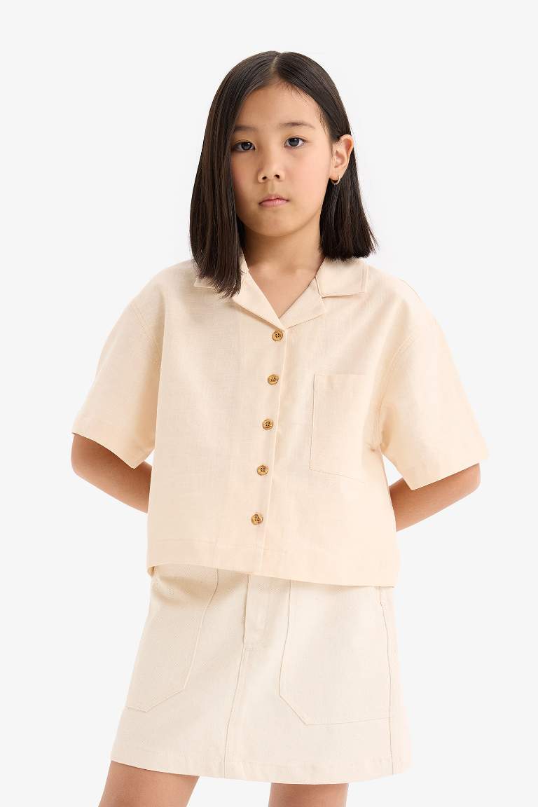 Girl Linen Short Sleeve Crop Shirt