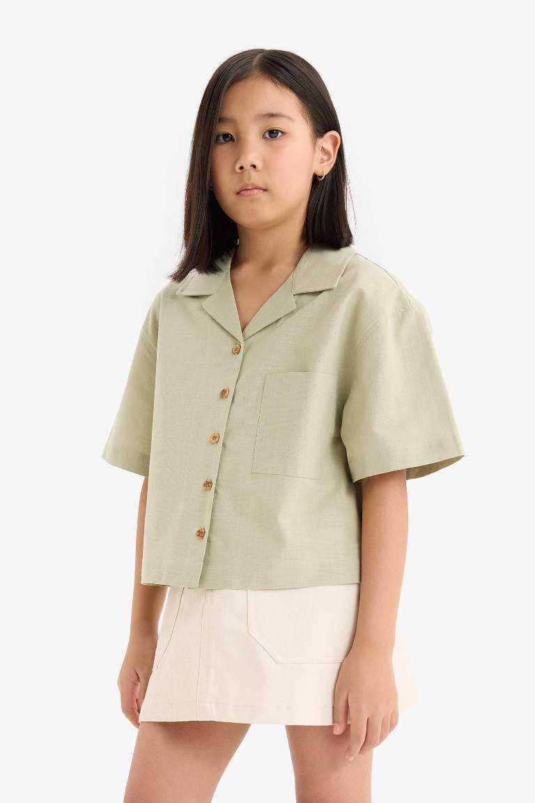 Girl Linen Short Sleeve Crop Shirt