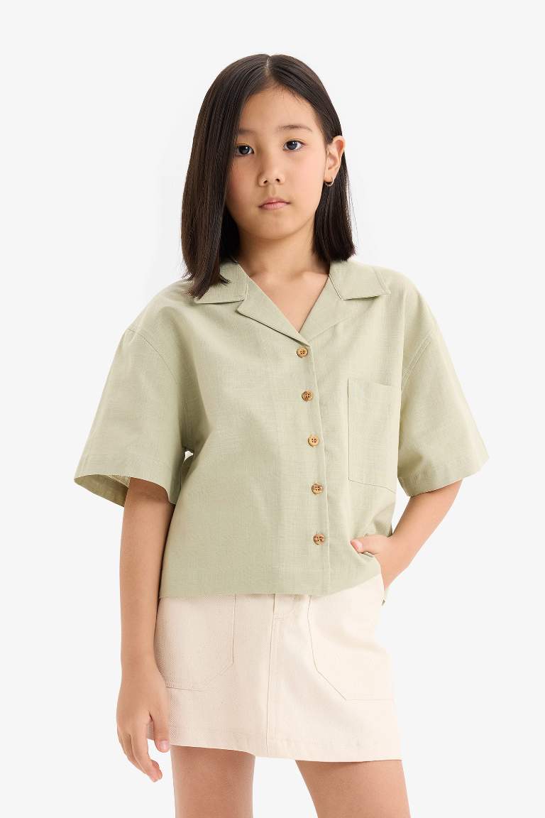 Girl Linen Short Sleeve Crop Shirt