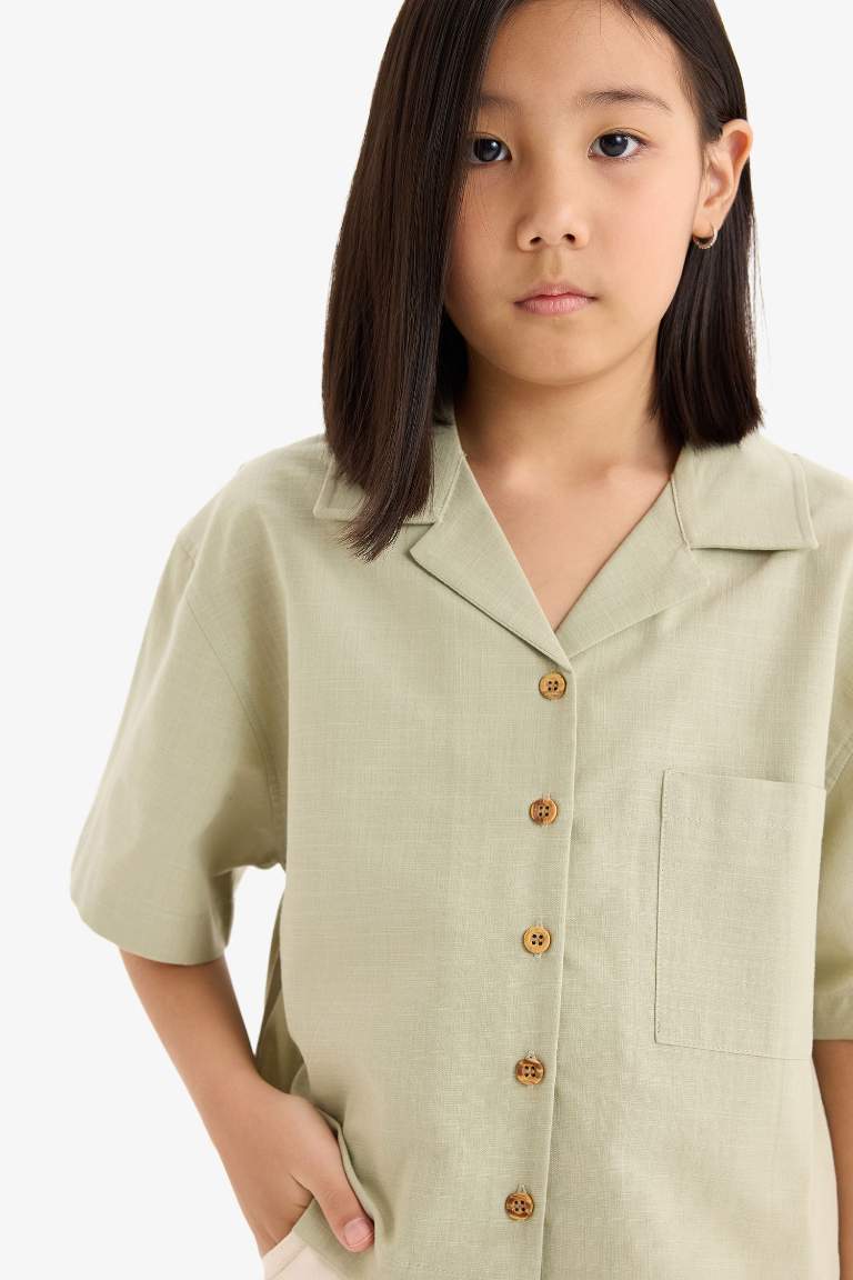 Girl Linen Short Sleeve Crop Shirt