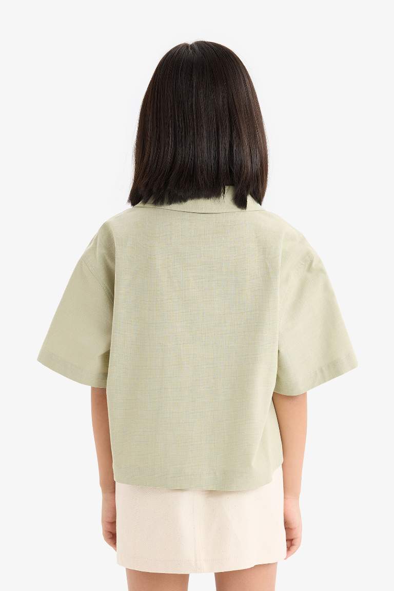 Girl Linen Short Sleeve Crop Shirt