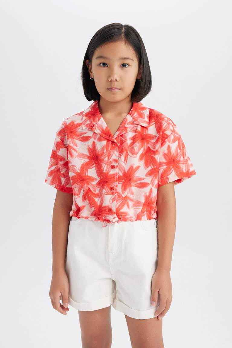 Girl Patterned Short Sleeve Crop Shirt