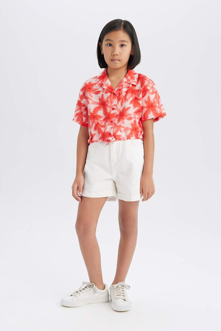 Girl Patterned Short Sleeve Crop Shirt