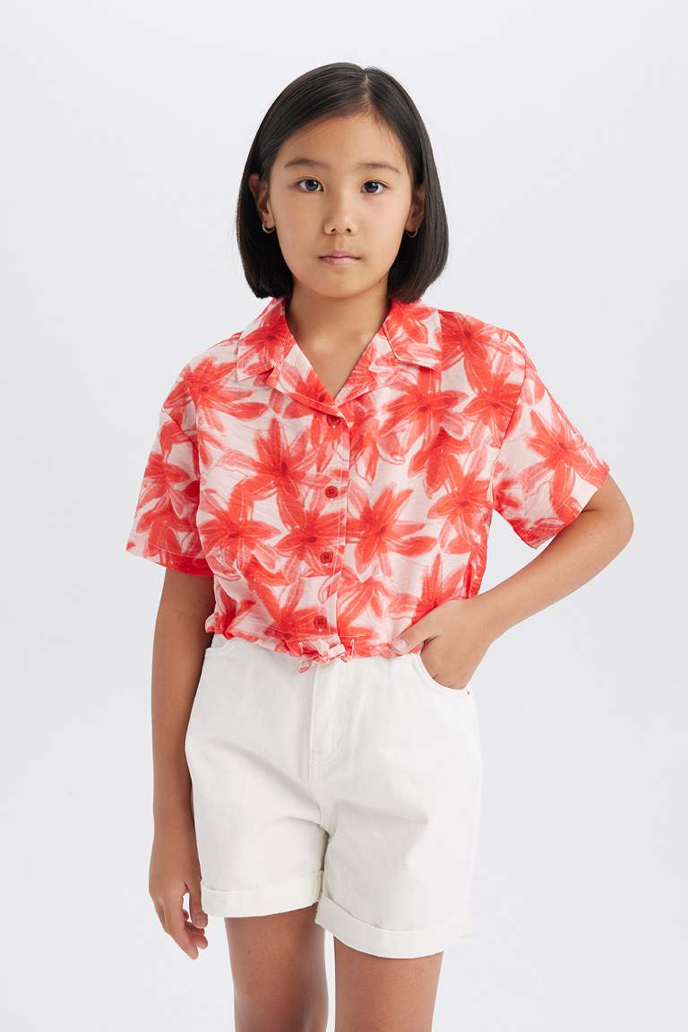 Girl Patterned Short Sleeve Crop Shirt