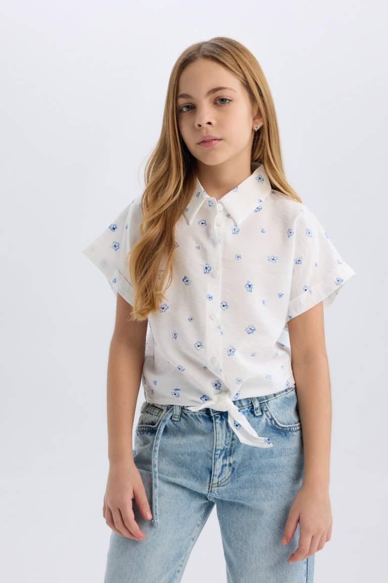 Girl Patterned Tie Detailed Crop Shirt