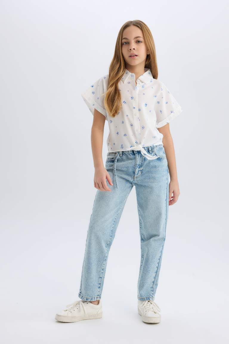 Girl Patterned Tie Detailed Crop Shirt