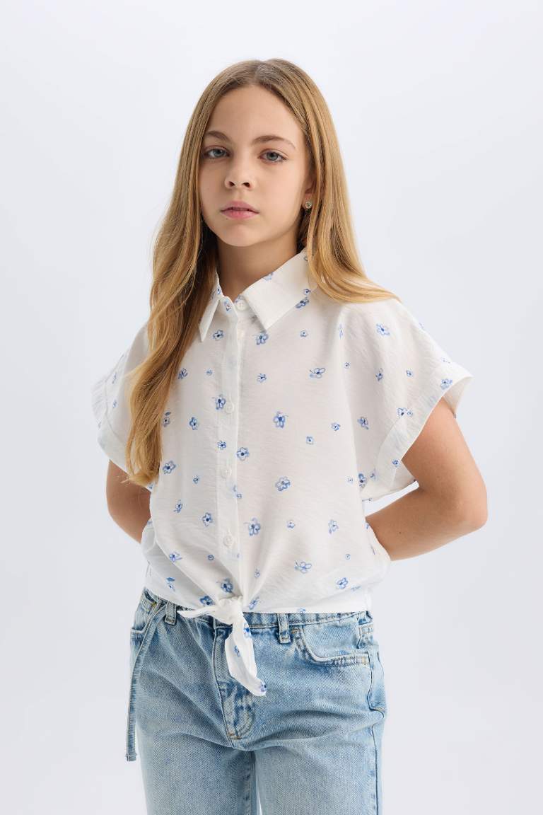 Girl Patterned Tie Detailed Crop Shirt