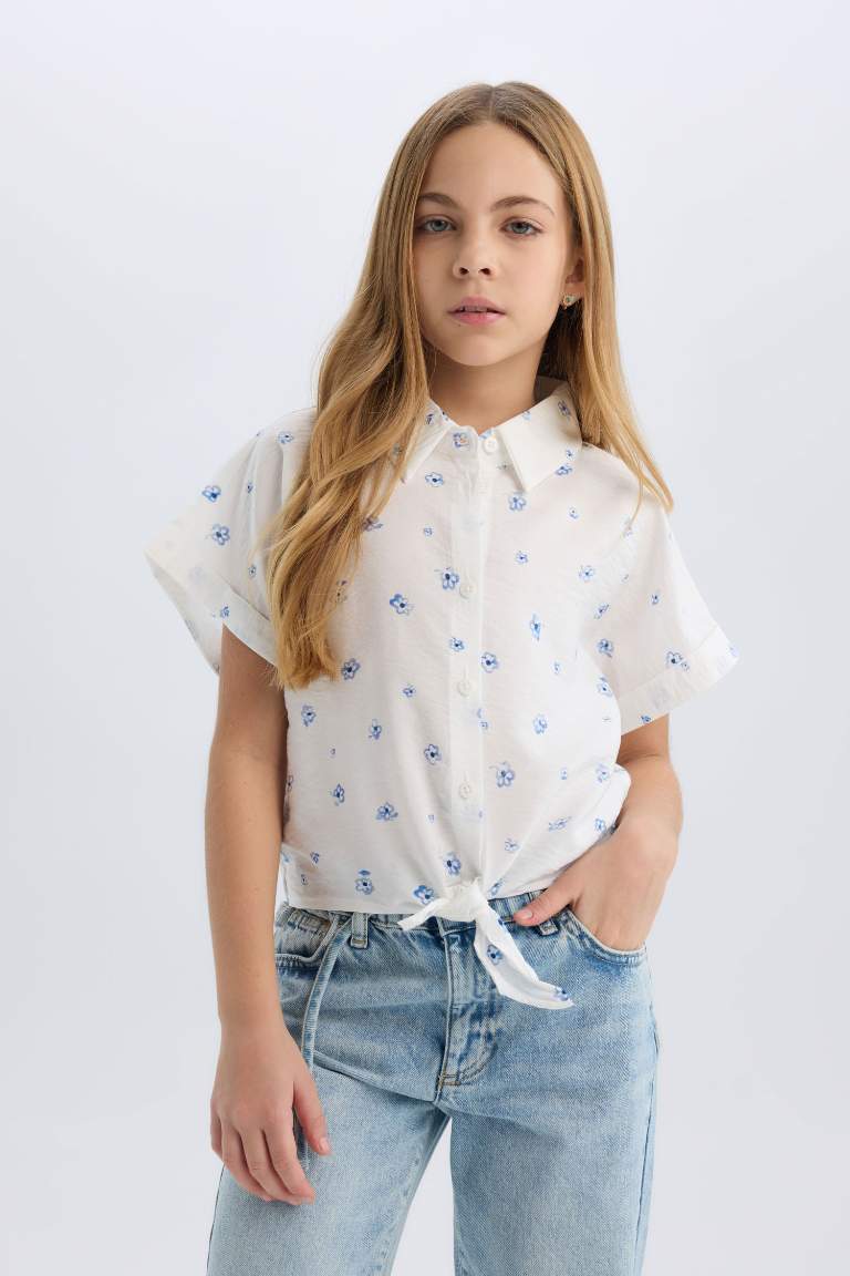 Girl Patterned Tie Detailed Crop Shirt