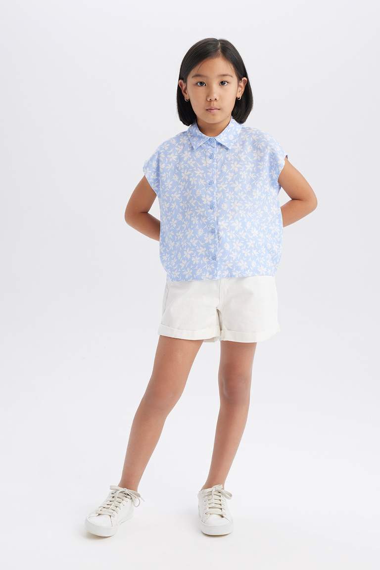 Girl Cotton Floral Short Sleeve Crop Shirt