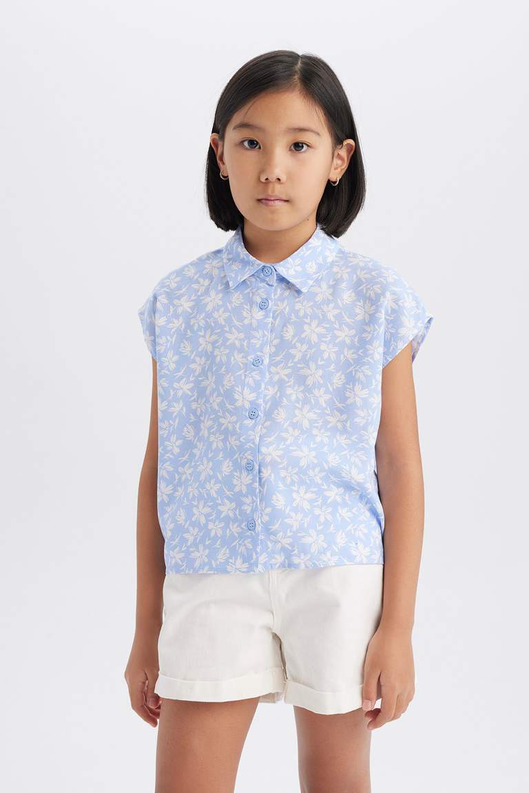 Girl Cotton Floral Short Sleeve Crop Shirt