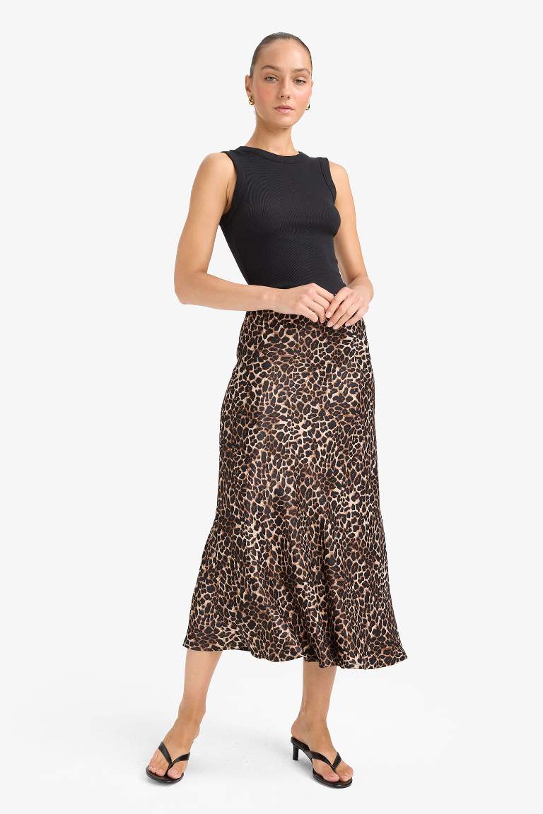 A Kesim Normal Bel Leopar Desenli Saten Midi Etek