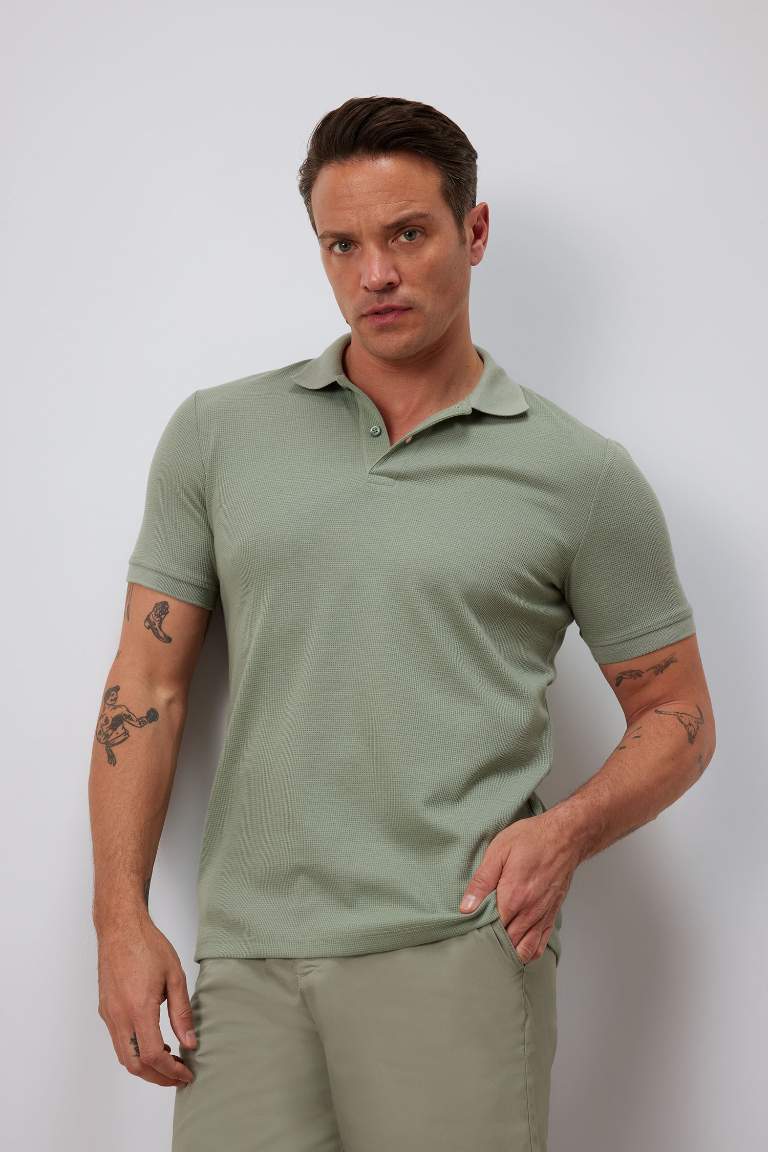 Regular Fit Kısa Kollu Dokulu Waffle Polo Tişört
